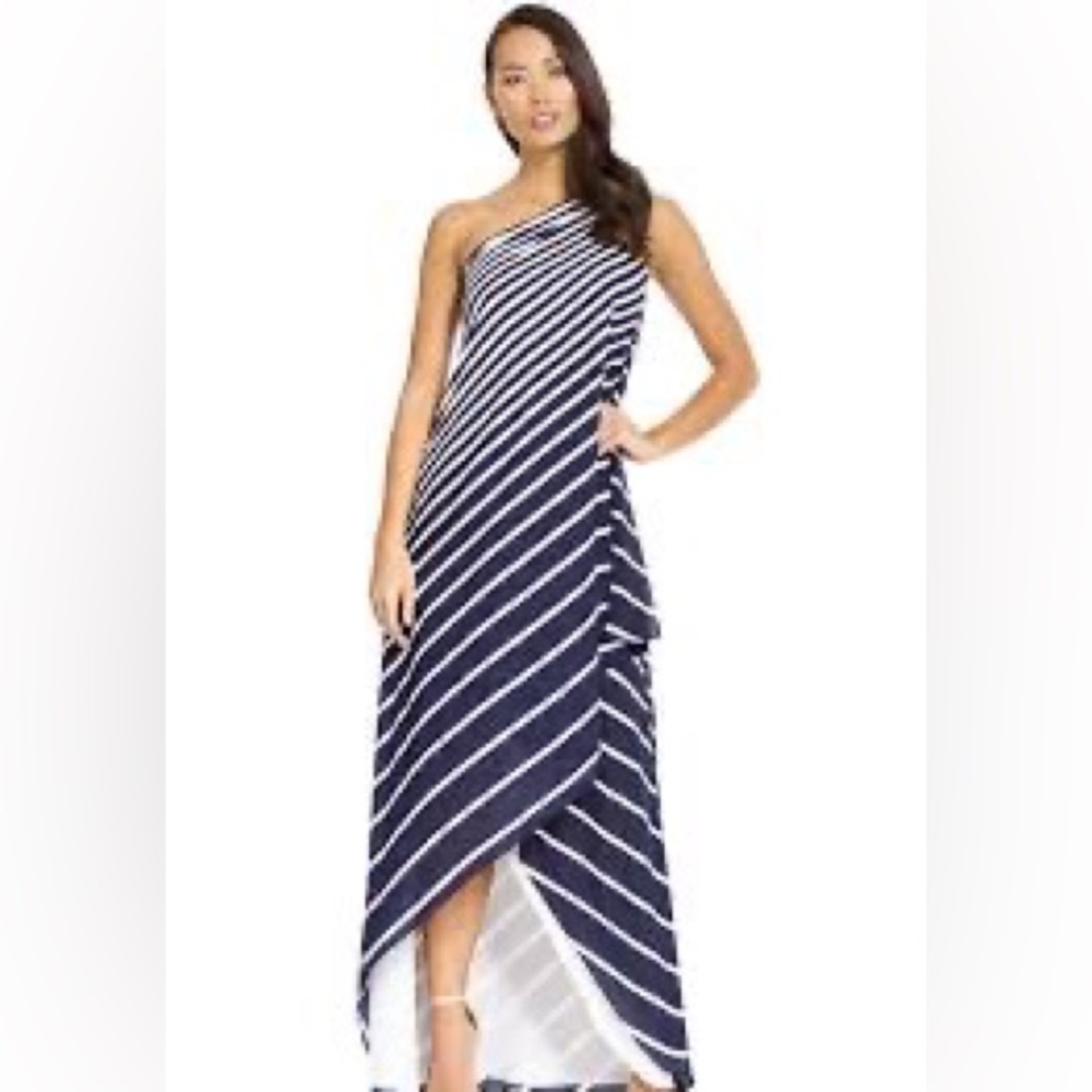 NWT Halston Heritage One Shoulder Stripe Wrap Gown sz L